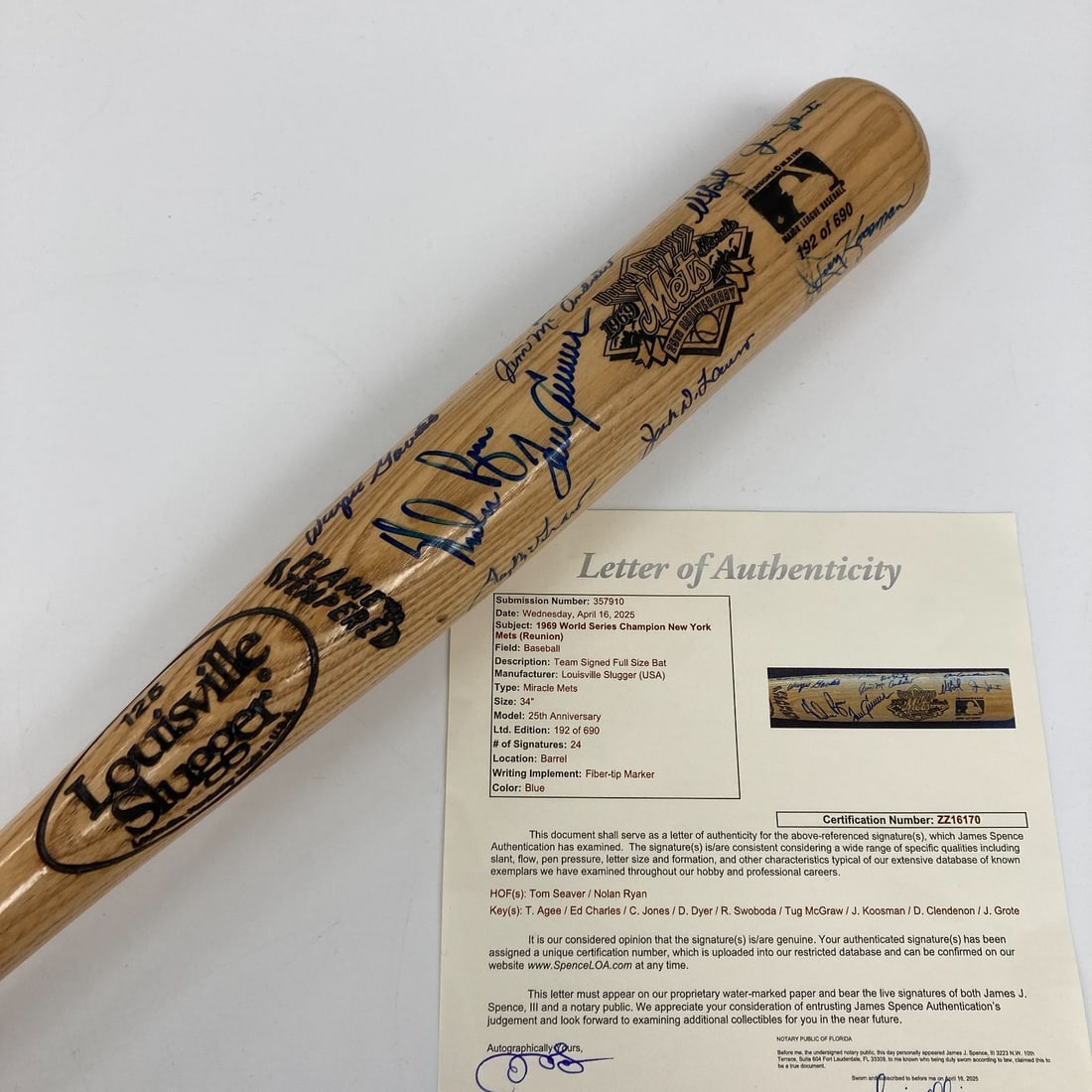 1969 New York Mets Signed Bat with Nolan Ryan Tom Seaver JSA COA: 1969 New York Mets Signed Bat with Nolan Ryan Tom Seaver JSA COA Celebrate the legendary 1969 New York Mets World Series Championship with this authentic team-signed bat. Featuring 24 signatures, incl