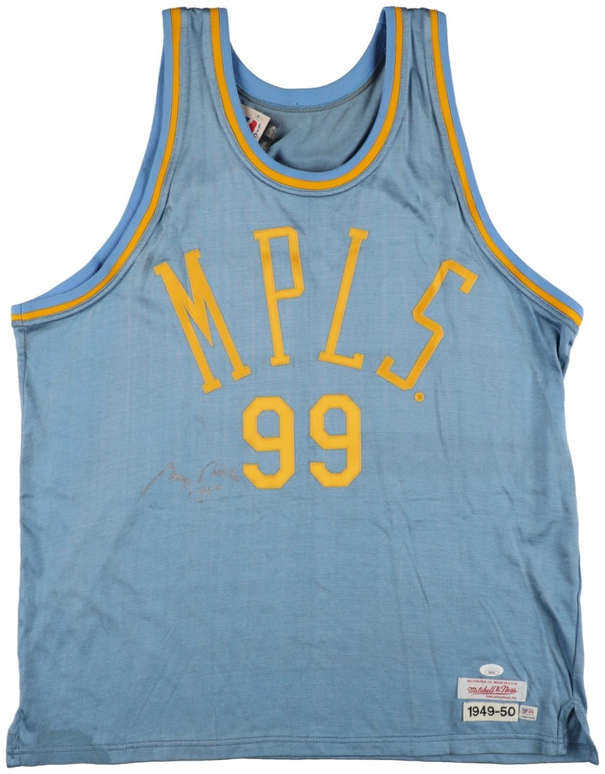 George Mikan Signed 1949-50 Lakers Jersey with PSA JSA Authentication: George Mikan Signed 1949-50 Lakers Jersey with PSA JSA Authentication Celebrate the legacy of basketball legend George Mikan with this authentic 1949-50 Mitchell & Ness Minneapolis Lakers Away jersey,