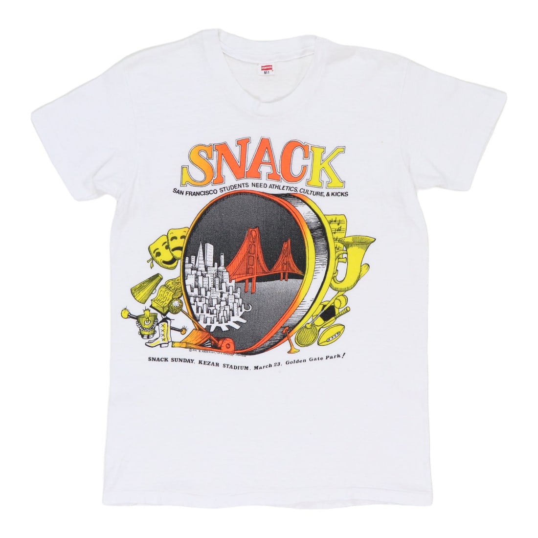 Vintage 1975 Snack Charity Concert T-Shirt Featuring Bill Graham: Vintage 1975 Snack Charity Concert T-Shirt Featuring Bill Graham This is an original vintage 1975 Bill Graham Snack Charity Concert shirt, featuring front and back graphics. Made from 100% cotton, the
