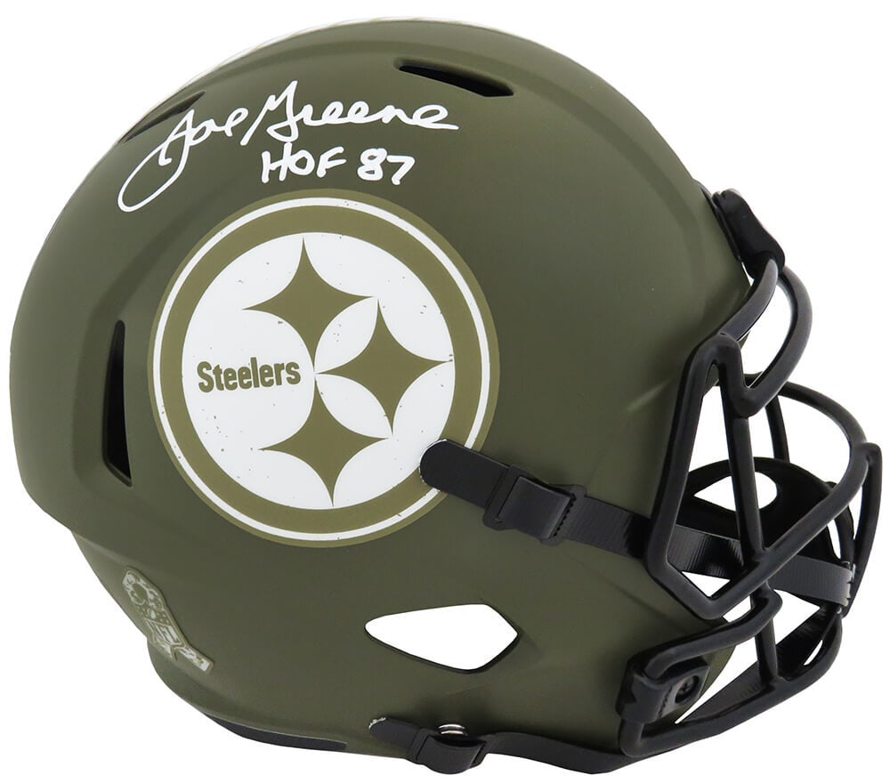 Joe Greene Signed Steelers Helmet HOF 87 Riddell Full Size Replica: Joe Greene Signed Steelers Helmet HOF 87 Riddell Full Size Replica This is a signed full-size replica helmet commemorating Joe Greene's illustrious career with the Pittsburgh Steelers. The helmet feat