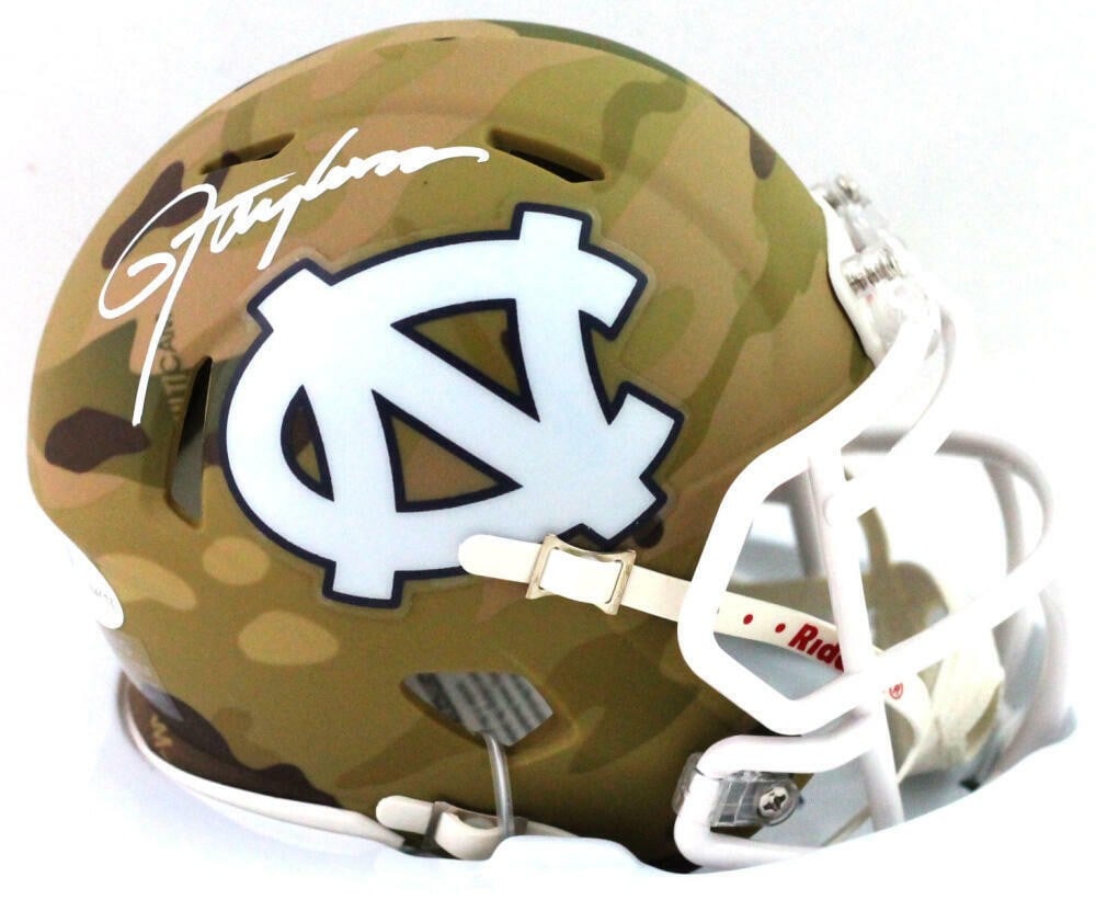North Carolina Camo Mini Helmet Autographed by Lawrence Taylor Beckett Authenticated: North Carolina Camo Mini Helmet Autographed by Lawrence Taylor Beckett Authenticated This North Carolina Tar Heels camo Speed mini helmet features the signature of Lawrence Taylor. The autograph has b