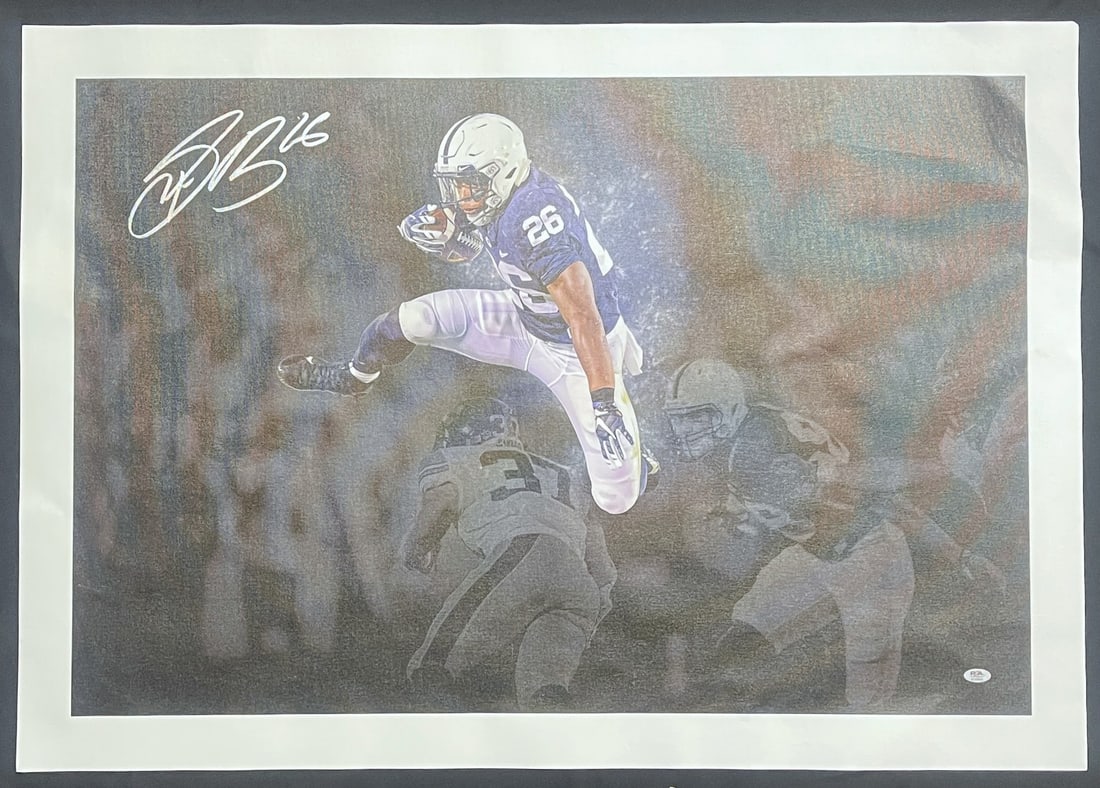 Saquon Barkley Signed 24x36 Canvas Photo Penn State PSA/DNA: Saquon Barkley Signed 24x36 Canvas Photo Penn State PSA/DNA This is an impressive Saquon Barkley Autographed Canvas Photo from his time at Penn State, measuring 24" x 36". The canvas features a 2" bor