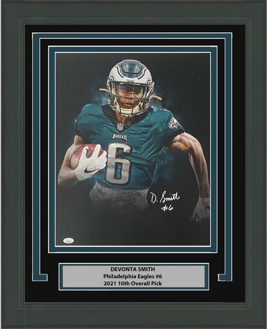 Framed DeVonta Smith Signed Photo Philadelphia Eagles JSA COA 16x20 GM Mint: Framed DeVonta Smith Signed Photo Philadelphia Eagles JSA COA 16x20 GM Mint This professionally framed and matted 16x20 photo of DeVonta Smith, a standout player for the Philadelphia Eagles, showcases