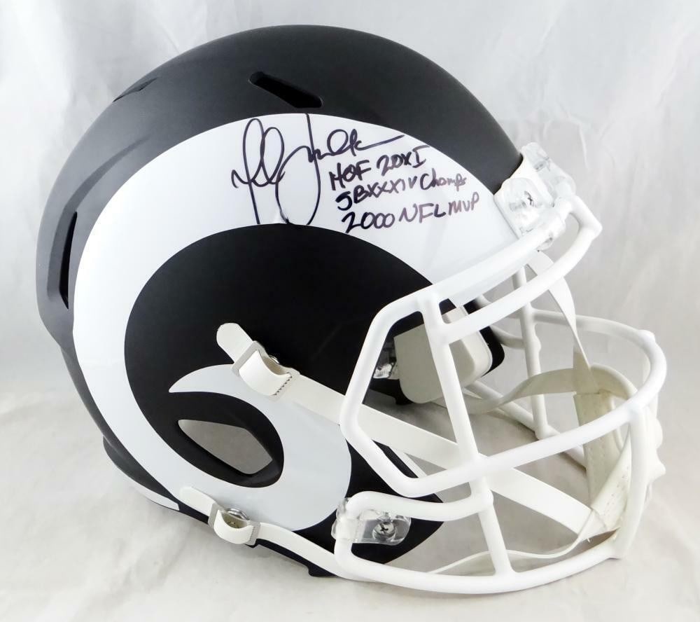 Marshall Faulk Signed LA Rams F/S Black Speed Helmet Beckett Auth: Marshall Faulk Signed LA Rams F/S Black Speed Helmet Beckett Auth Own a piece of football history with this signed full-size flat black speed helmet featuring the legendary Marshall Faulk. The helmet