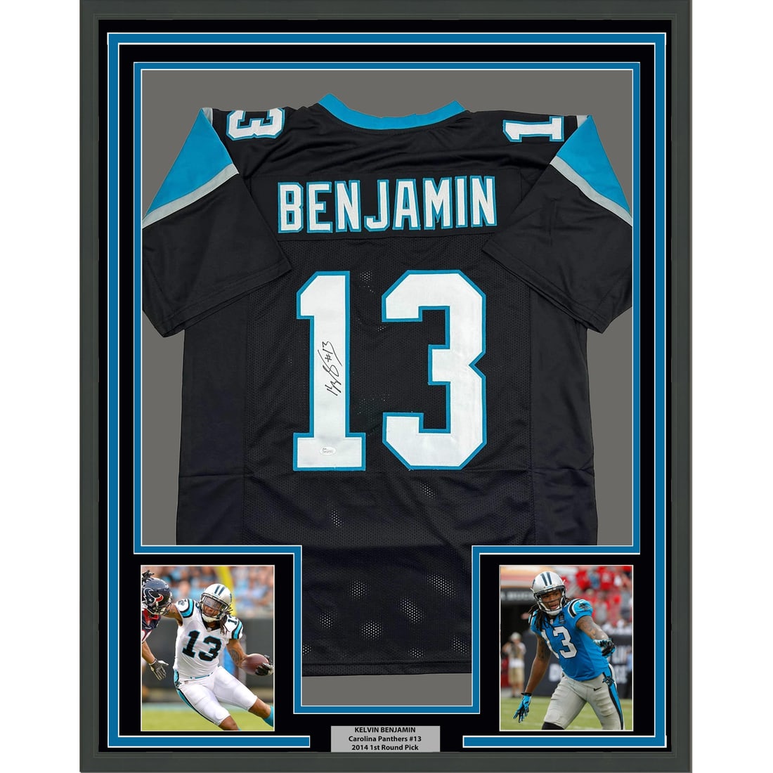 Kelvin Benjamin Signed Carolina Panthers Black Jersey Framed With Photos JSA Authenticated: Kelvin Benjamin Signed Carolina Panthers Black Jersey Framed With Photos JSA Authenticated This is a professionally framed and matted Carolina Panthers black jersey autographed by Kelvin Benjamin. The