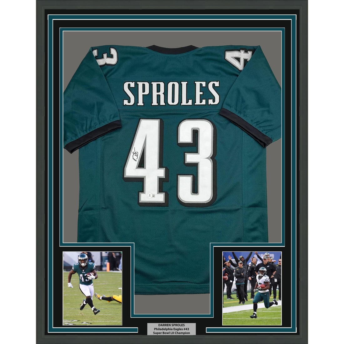 Darren Sproles Signed Philadelphia Eagles Green Jersey Display 35x39 Framed BAS COA: Darren Sproles Signed Philadelphia Eagles Green Jersey Display 35x39 Framed BAS COA This professionally framed and matted display features a Philadelphia Eagles green jersey autographed by Darren Spro