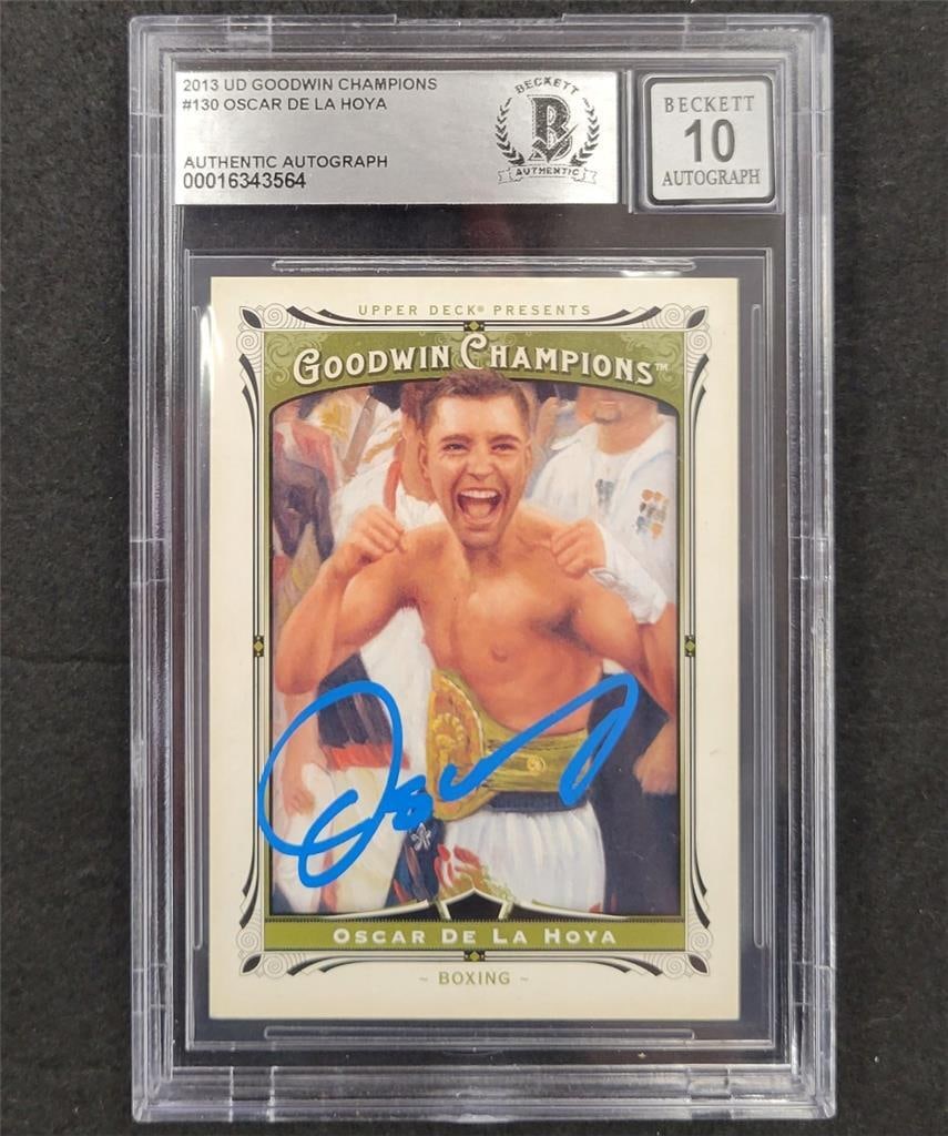 Oscar De La Hoya 2013 UD Goodwin Champions #130 Signed Card BAS 10: Oscar De La Hoya 2013 UD Goodwin Champions #130 Signed Card BAS 10 This is a 2013 UD Goodwin Champions trading card featuring the legendary boxer Oscar De La Hoya. The card is graded a perfect 10 by B