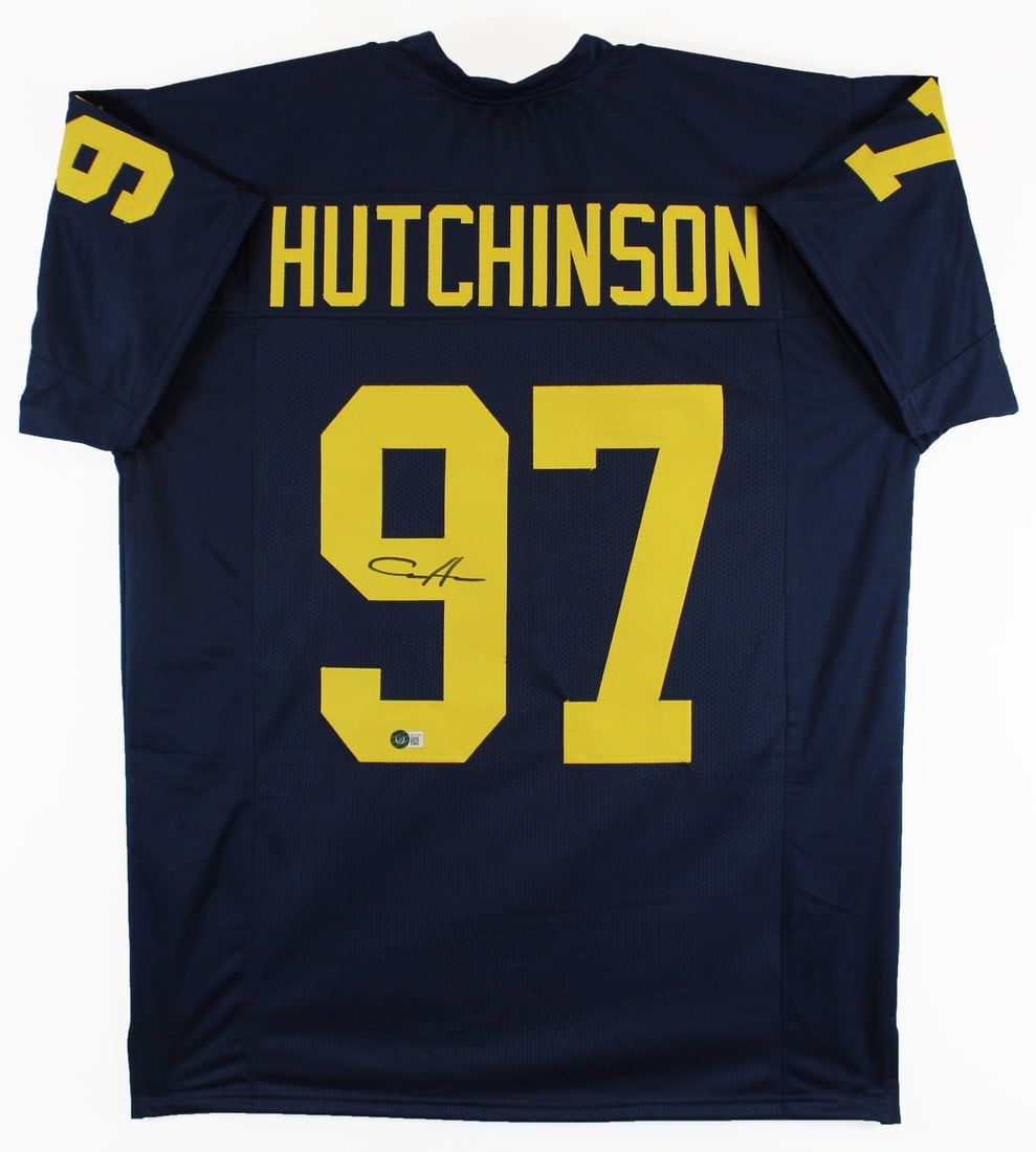 Aidan Hutchinson Signed Michigan Wolverines Navy Jersey Beckett Authenticated: Aidan Hutchinson Signed Michigan Wolverines Navy Jersey Beckett Authenticated Celebrate your fandom with this autographed navy blue pro style jersey, personally signed by Aidan Hutchinson, a standout