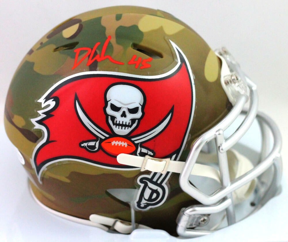 Devin White Signed Tampa Bay Bucs Camo Mini Helmet Beckett Authenticated: Devin White Signed Tampa Bay Bucs Camo Mini Helmet Beckett Authenticated This is an original mini helmet signed by NFL player Devin White, showcasing a camo design and representing the Tampa Bay Bucca