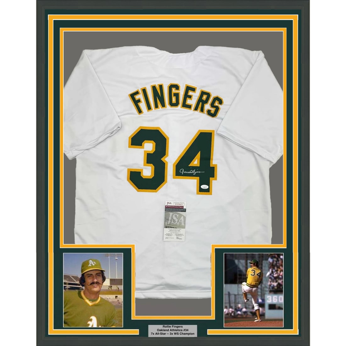 Framed Rollie Fingers Autographed Oakland Athletics Jersey JSA Certified: Framed Rollie Fingers Autographed Oakland Athletics Jersey JSA Certified Celebrate the legacy of Rollie Fingers with this professionally framed and matted autographed Oakland Athletics jersey. This st