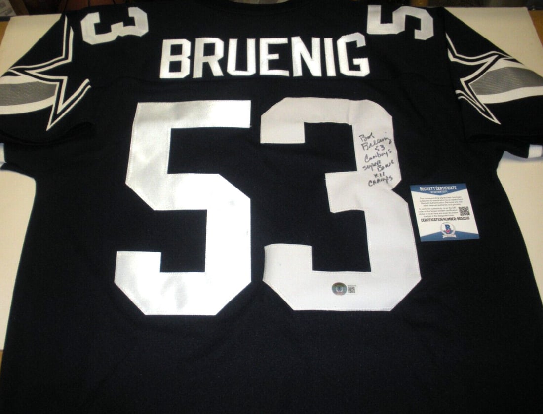 Signed Dallas Cowboys Jersey by Bob Bruenig with COA: Signed Dallas Cowboys Jersey by Bob Bruenig with COA This official licensed Dallas Cowboys jersey is signed by Bob Bruenig, a notable player in NFL history. The jersey is an authentic piece, perfect f