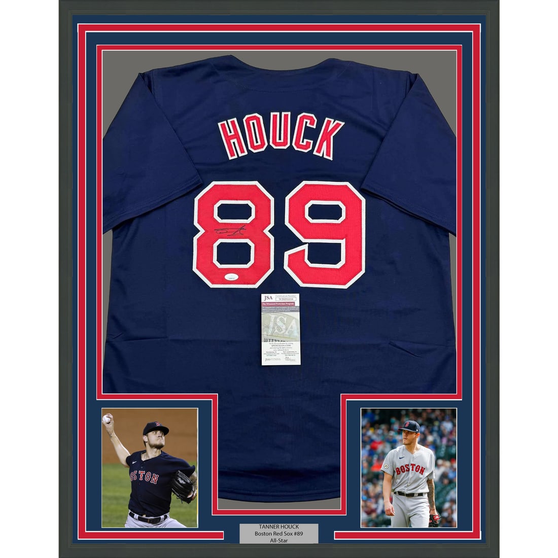 Framed Signed Tanner Houck Boston Red Sox Jersey with JSA COA: Framed Signed Tanner Houck Boston Red Sox Jersey with JSA COA Celebrate your love for baseball with this framed, autographed Tanner Houck Boston Red Sox jersey. This stunning piece measures 35x39 inch
