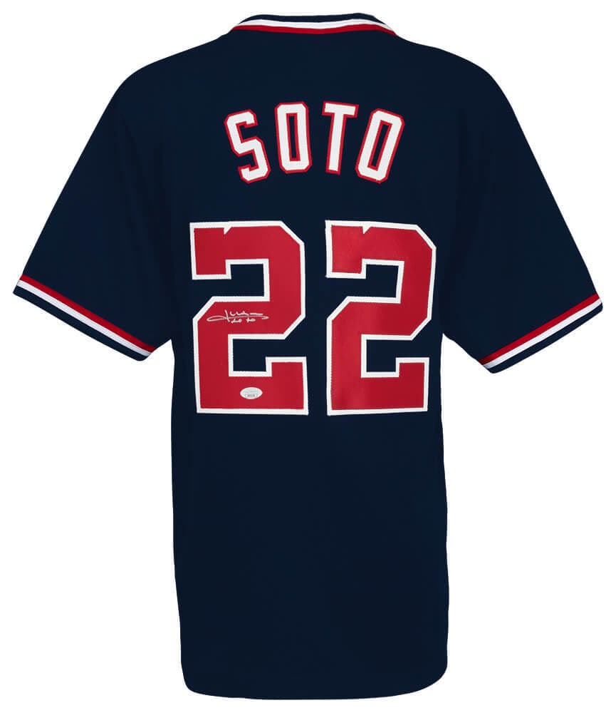Juan Soto Signed Navy Custom Jersey with JSA Authentication: Juan Soto Signed Navy Custom Jersey with JSA Authentication Celebrate the talent of Juan Soto with this signed navy custom baseball jersey. This original MLB jersey features the signature of the Washi