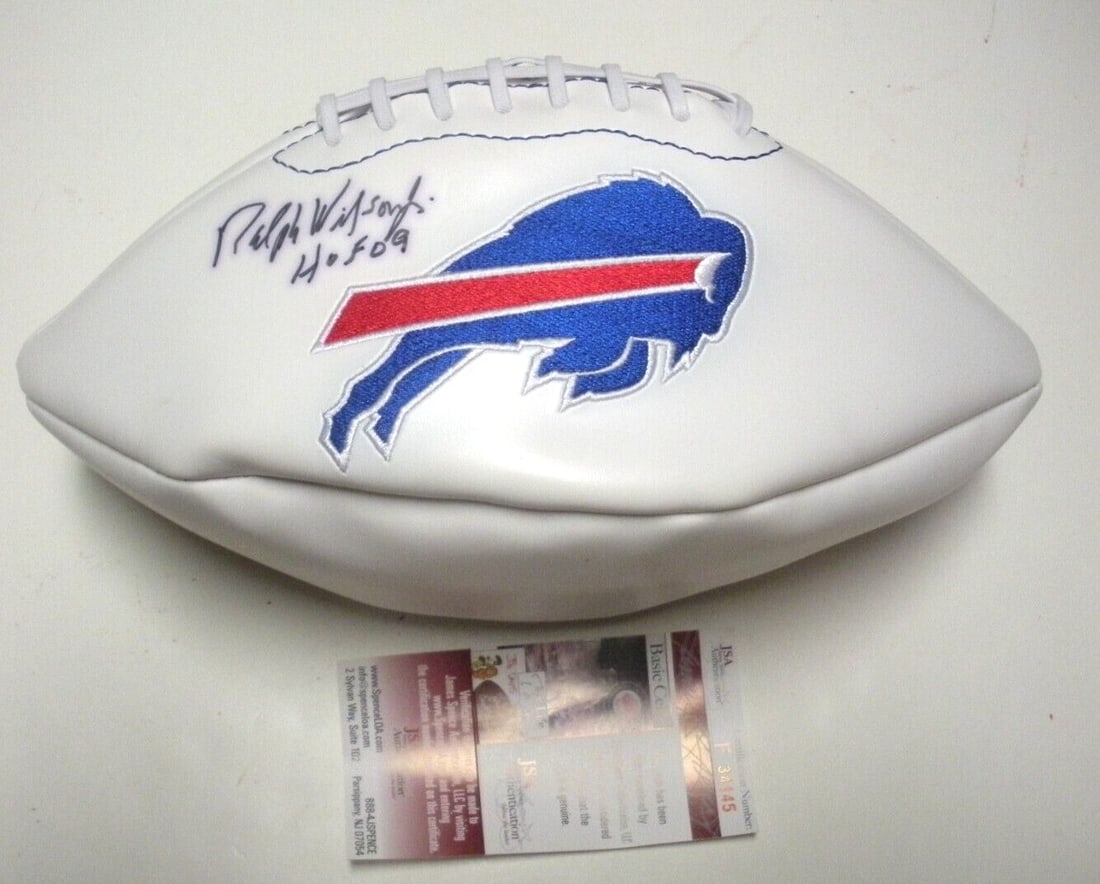 Ralph Wilson Jr Signed Buffalo Bills Football JSA COA HOF 2009: Ralph Wilson Jr Signed Buffalo Bills Football JSA COA HOF 2009 This is a pre-owned football signed by Ralph Wilson Jr., the former owner of the Buffalo Bills and a member of the Hall of Fame Class of