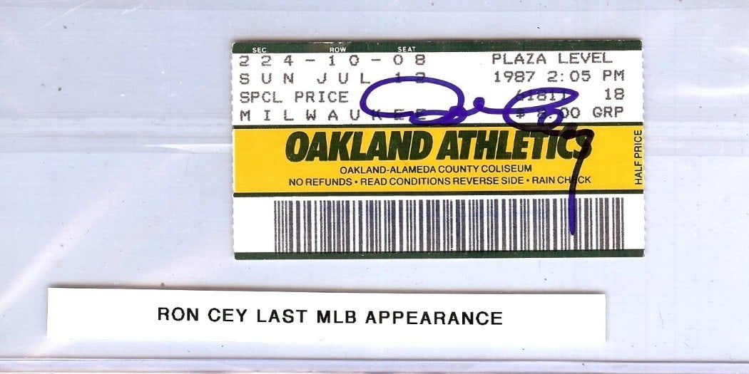 Ron Cey Autographed Ticket Stub Last MLB Game 7/12/87 JSA Certified: Ron Cey Autographed Ticket Stub Last MLB Game 7/12/87 JSA Certified This is an original ticket stub signed by Ron Cey from his last MLB game on July 12, 1987, featuring the Oakland Athletics. The auto