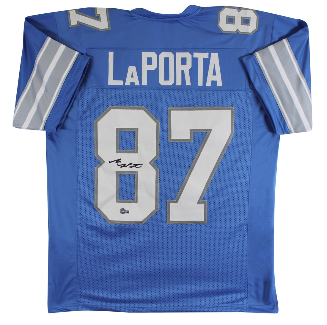 Sam Laporta Autographed Blue Pro Style Jersey BAS Witnessed Detroit Lions (1 of 3)