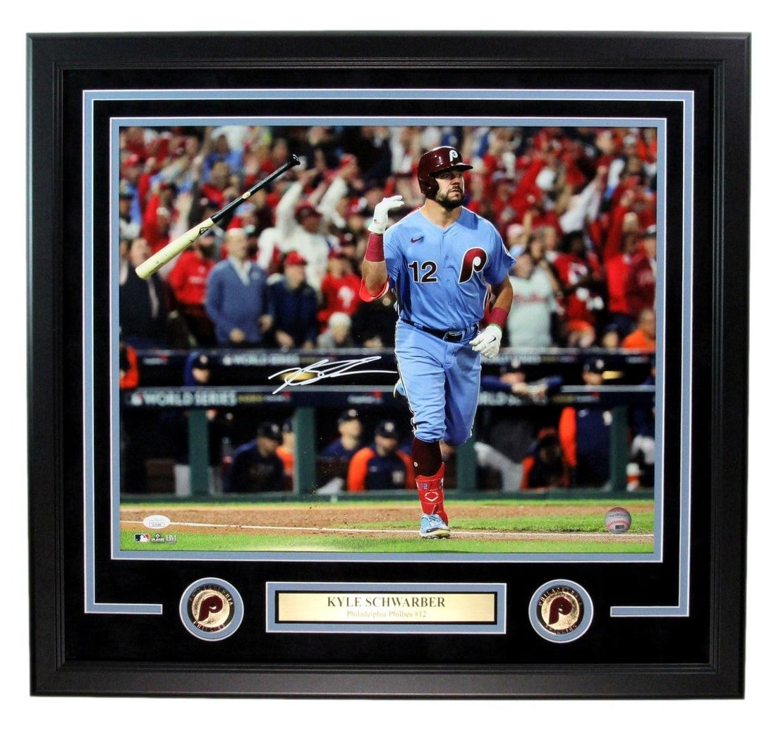 Kyle Schwarber Signed Framed 16x20 Photo Philadelphia Phillies JSA Authenticated: Kyle Schwarber Signed Framed 16x20 Photo Philadelphia Phillies JSA Authenticated This stunning 16x20 photo of Kyle Schwarber, a prominent player for the Philadelphia Phillies, is beautifully framed an