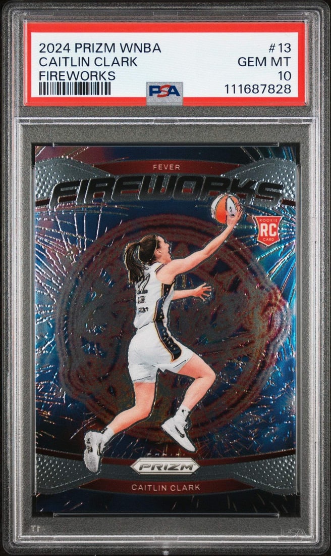 2024 Panini Prizm Caitlin Clark #13 Fireworks RC PSA 10 Graded Card: 2024 Panini Prizm Caitlin Clark #13 Fireworks RC PSA 10 Graded Card This is a graded 2024 Panini Prizm Caitlin Clark #13 Fireworks rookie basketball card, featuring the talented WNBA player Caitlin Cl