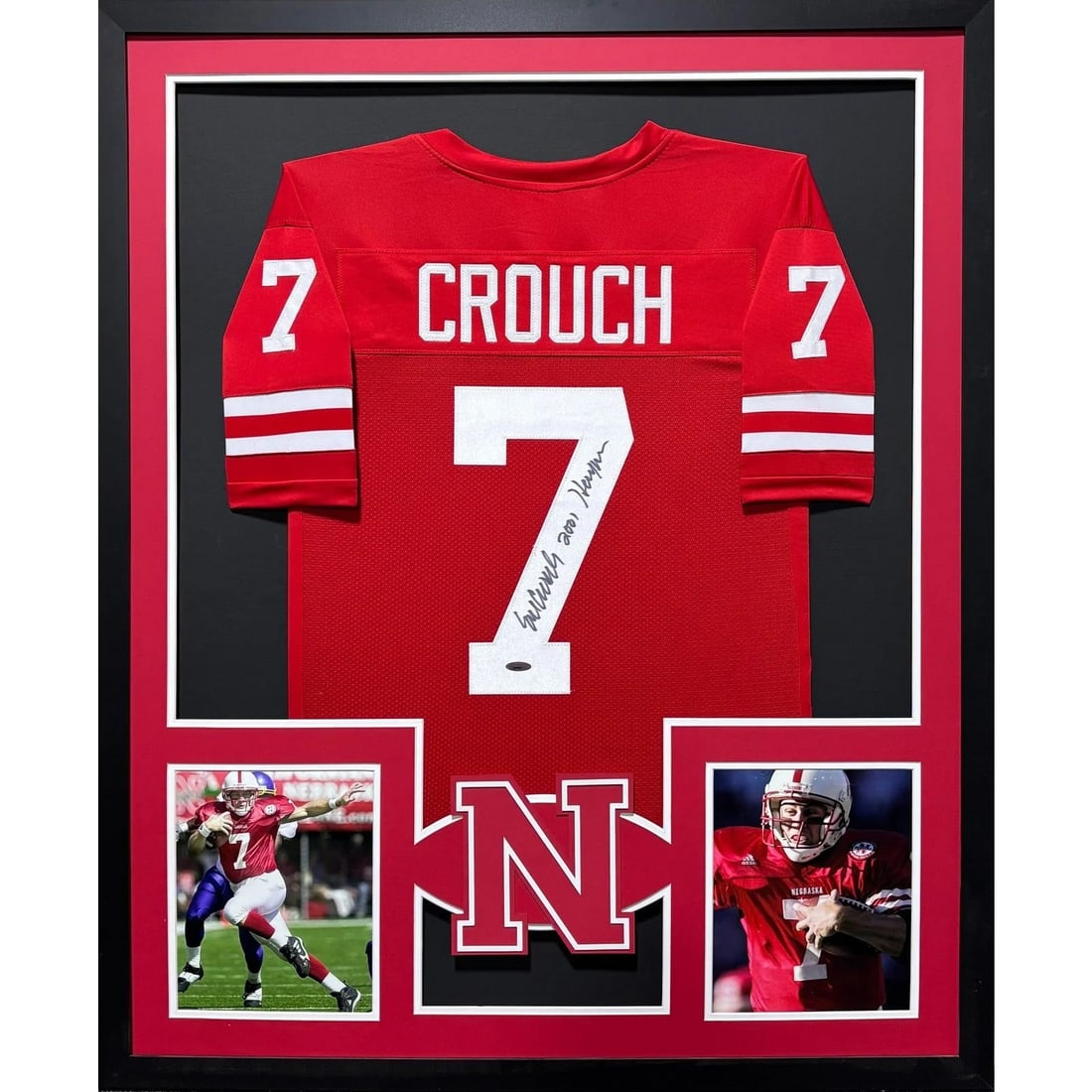 Framed Eric Crouch Nebraska Red Jersey Signed With Tristar Authentication: Framed Eric Crouch Nebraska Red Jersey Signed With Tristar Authentication This framed Nebraska red jersey is autographed by Eric Crouch and authenticated by Tristar. The display features a UV protecte