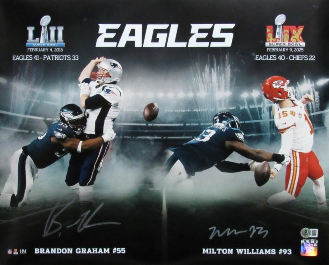 Brandon Graham Milton Williams Dual-Signed 16x20 Photo Super Bowl LIX JSA Authenticated: Brandon Graham Milton Williams Dual-Signed 16x20 Photo Super Bowl LIX JSA Authenticated Celebrate Super Bowl LIX with this stunning dual-signed 16x20 photo featuring Brandon Graham and Milton Williams