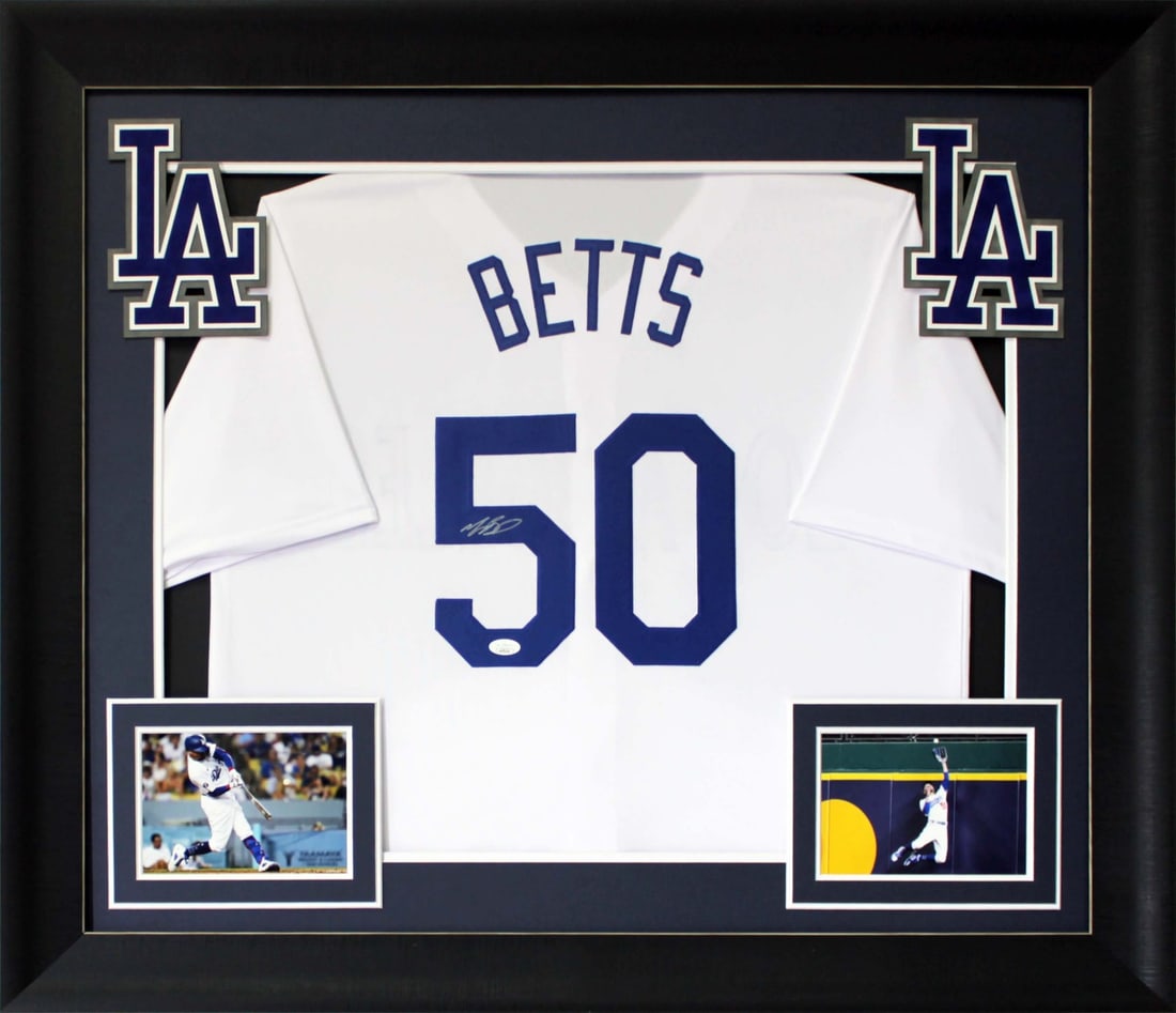 Mookie Betts Signed White Dodgers Framed Jersey with JSA COA: Mookie Betts Signed White Dodgers Framed Jersey with JSA COA This Mookie Betts Authentic Signed White Pro Style Framed Jersey is a must-have for any Los Angeles Dodgers fan. Personally signed by Mooki