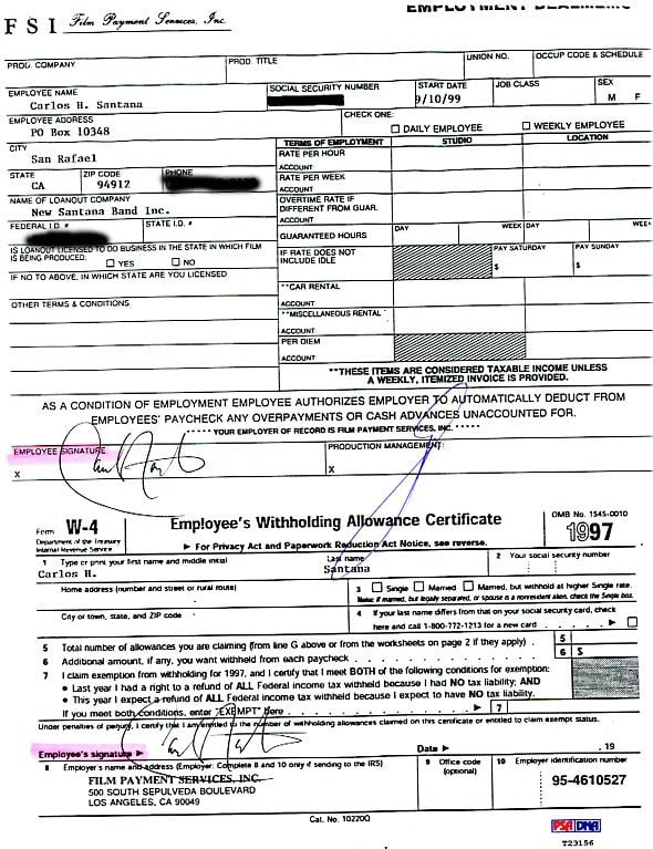 Carlos Santana Double Signed 1999 W-4 Form PSA/DNA Certified (1 of 2)