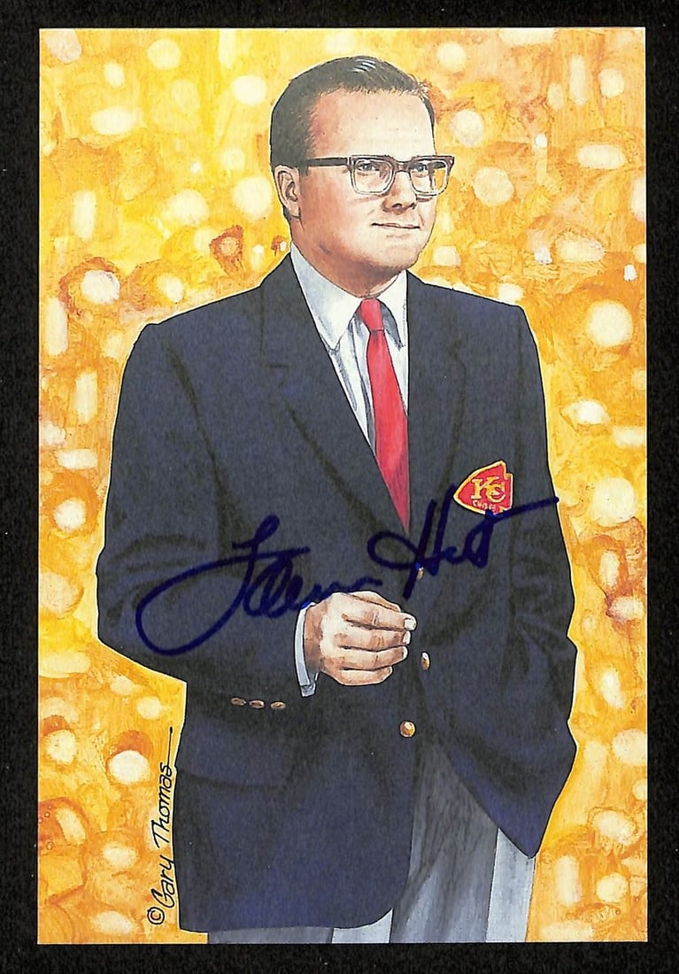 Lamar Hunt Autographed 1993 Chiefs Postcard PSA/DNA Authentic: Lamar Hunt Autographed 1993 Chiefs Postcard PSA/DNA Authentic Celebrate football history with this authentic Lamar Hunt signed 1993 GLAC/Goal Line Art postcard, limited to 5000 pieces. As the owner of