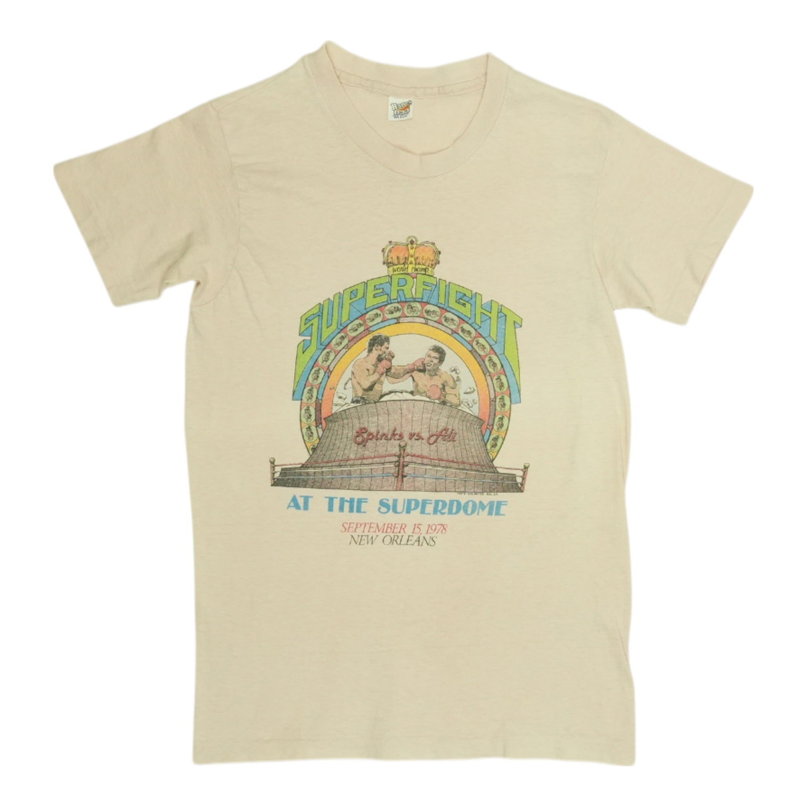 Vintage 1978 Superfight Shirt Featuring Muhammad Ali and Leon Spinks: Vintage 1978 Superfight Shirt Featuring Muhammad Ali and Leon Spinks This is an original vintage 1978 Muhammad Ali vs. Leon Spinks Superfight shirt. It is a true vintage piece from the 1970s, not a mo