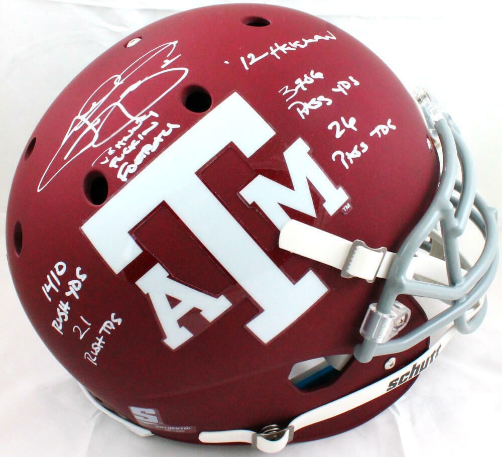 Johnny Manziel Signed Texas A&M Authentic Helmet with 6 Inscriptions: Johnny Manziel Signed Texas A&M Authentic Helmet with 6 Inscriptions This authentic Texas A&M Schutt full-size helmet is signed by former quarterback Johnny Manziel, showcasing his impressive autograp