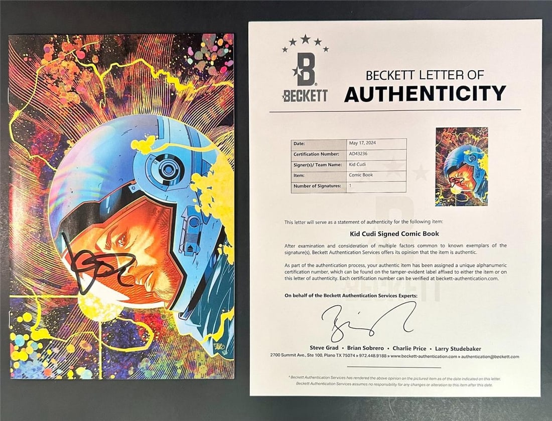 Kid Cudi Signed Moon Man Comic Book Issue #2 Cover B Beckett Authenticated: Kid Cudi Signed Moon Man Comic Book Issue #2 Cover B Beckett Authenticated This Kid Cudi signed Moon Man Comic Book Issue #2 Cover B features a bold autograph authenticated by Beckett. As an original