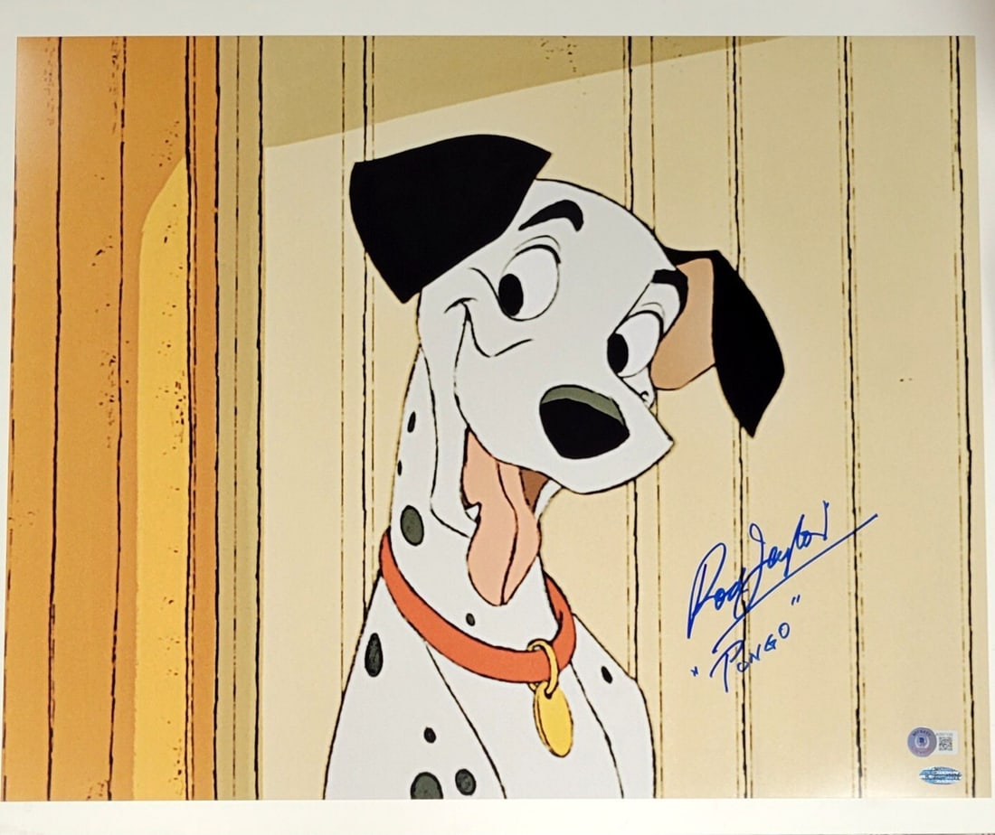 Rod Taylor Signed 16x20 Pongo Photo 101 Dalmatians Beckett Authenticated: Rod Taylor Signed 16x20 Pongo Photo 101 Dalmatians Beckett Authenticated This is an original 16x20 photograph beautifully signed by Rod Taylor, known for his role as Pongo in Disney's 101 Dalmatians.