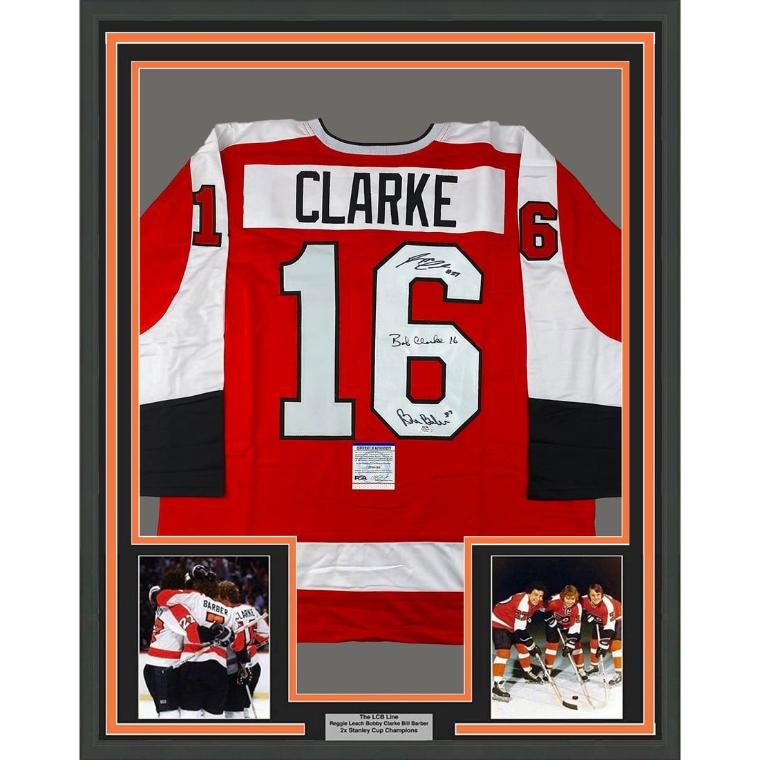 Framed Signed Jersey of Reggie Leach Bobby Clarke Bill Barber JSA COA 33x42: Framed Signed Jersey of Reggie Leach Bobby Clarke Bill Barber JSA COA 33x42 This framed autographed jersey features the signatures of NHL legends Reggie Leach, Bobby Clarke, and Bill Barber. The item