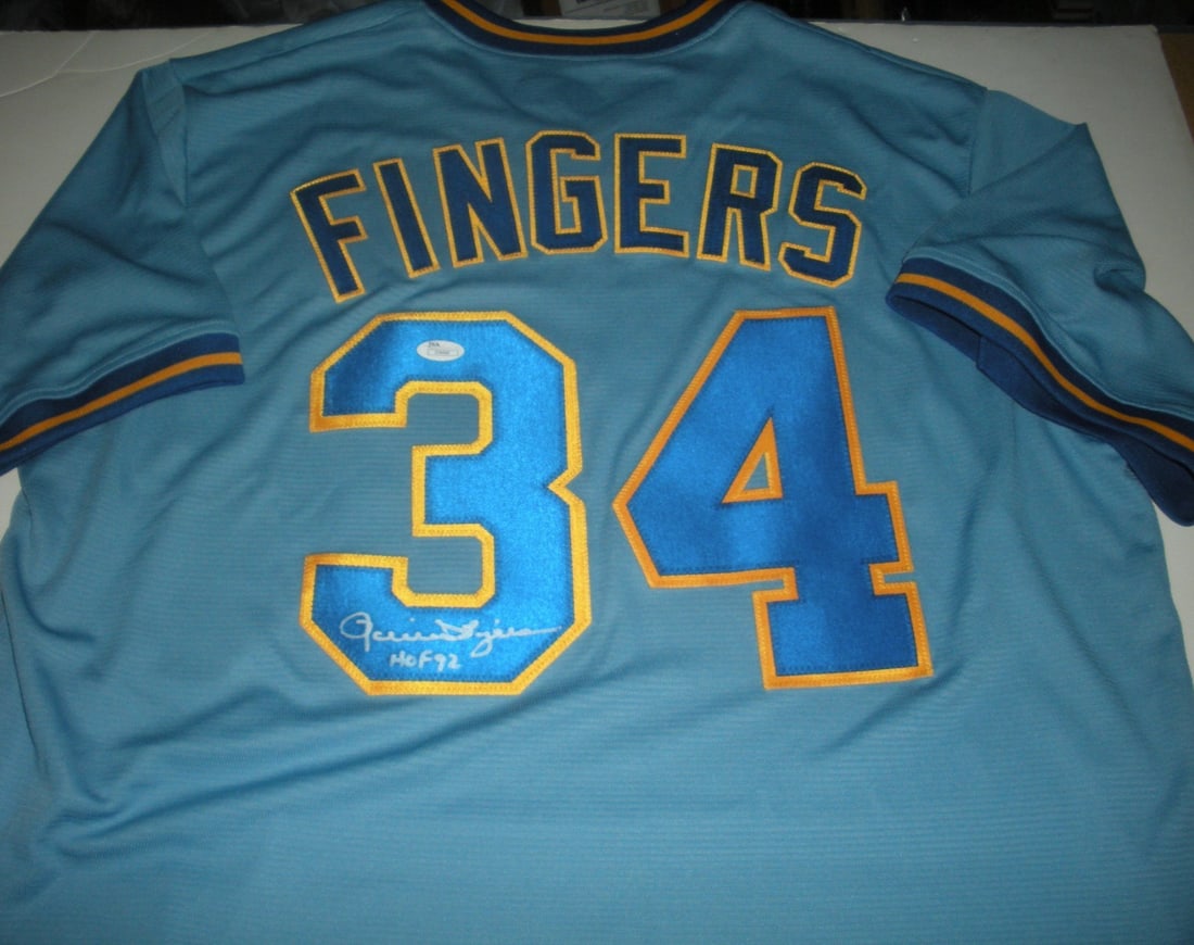 Rollie Fingers Signed Majestic Milwaukee Brewers Jersey JSA COA: Rollie Fingers Signed Majestic Milwaukee Brewers Jersey JSA COA Celebrate the legacy of baseball with this officially licensed Majestic jersey signed by Rollie Fingers, a legendary player for the Milw