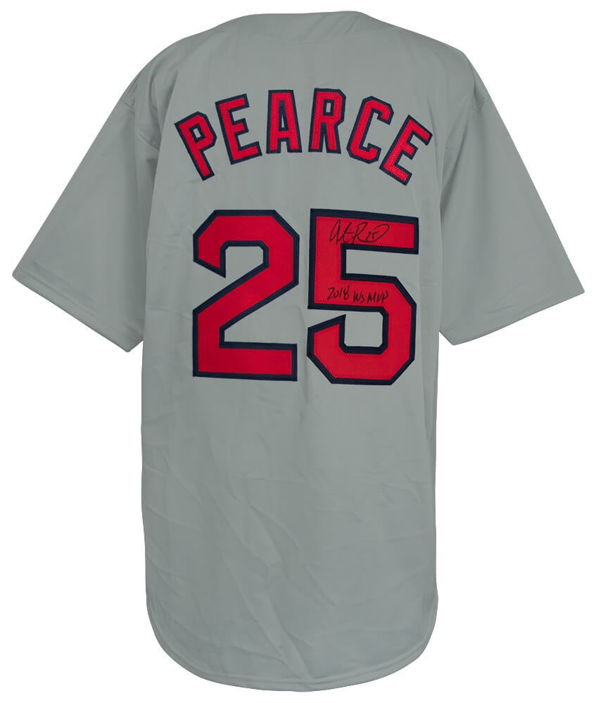 Steve Pearce Signed Grey Jersey 2018 WS MVP COA: Steve Pearce Signed Grey Jersey 2018 WS MVP COA Steve Pearce Signed Grey Jersey 2018 WS MVP COA This is a grey custom baseball jersey signed by Steve Pearce, featuring the inscription '2018 WS MVP'. T