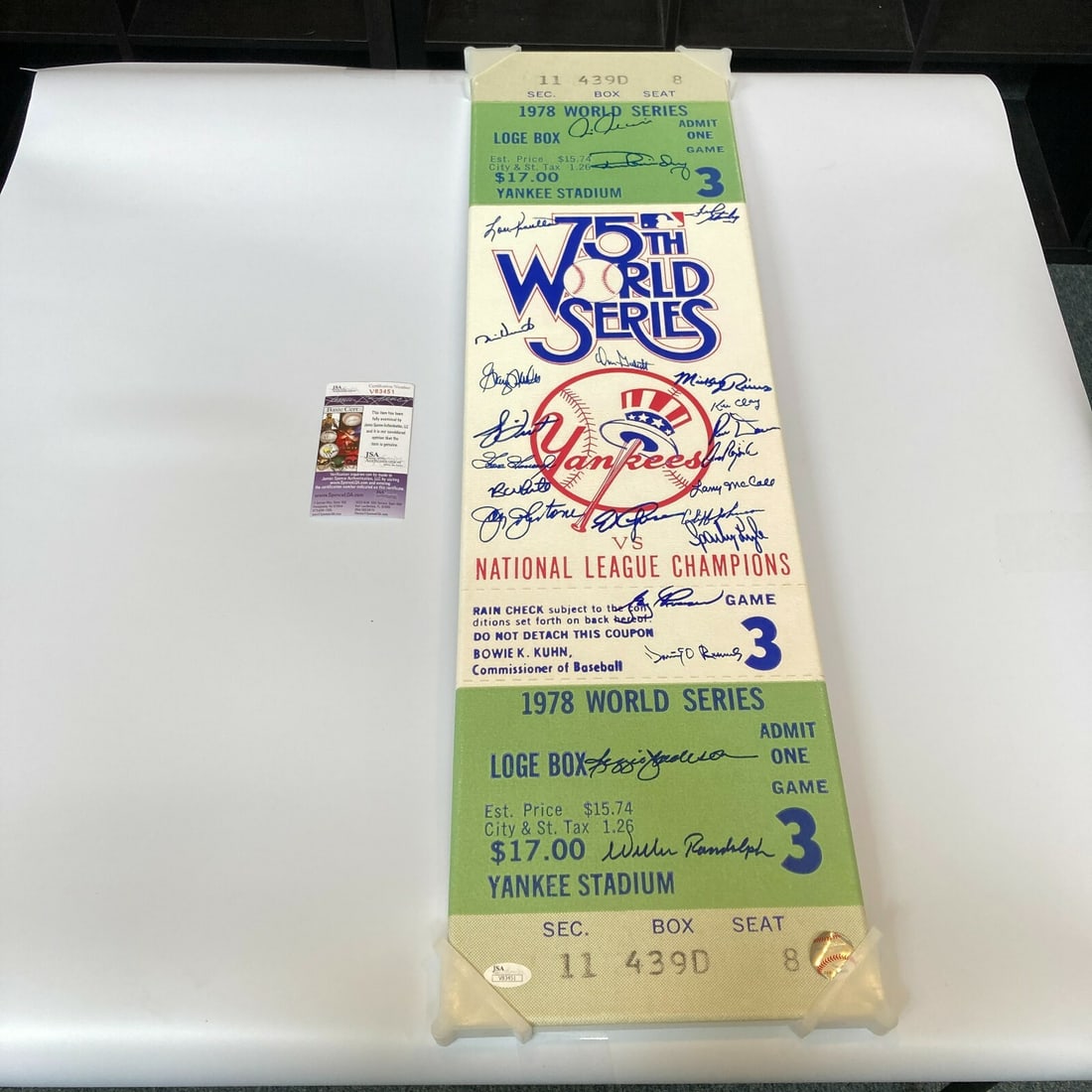 1978 New York Yankees Team Signed Jumbo 9x33 Ticket JSA Authenticated: 1978 New York Yankees Team Signed Jumbo 9x33 Ticket JSA Authenticated Celebrate the legendary 1978 New York Yankees with this original jumbo 9x33 canvas ticket from the World Series, featuring the sig