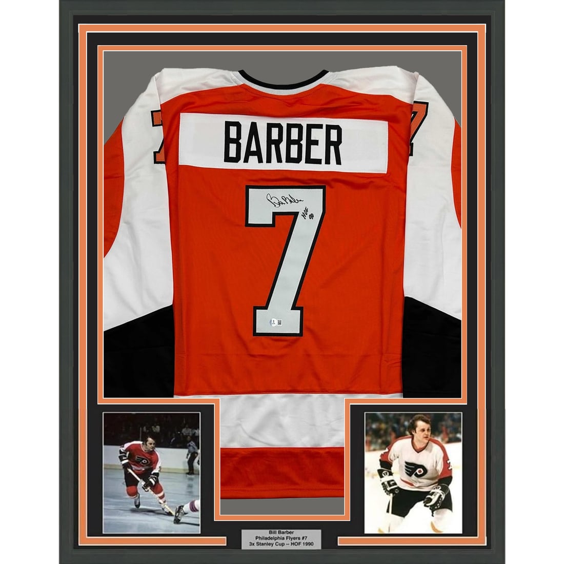 Framed Bill Barber Autographed Hockey Jersey HOF 90 BAS COA: Framed Bill Barber Autographed Hockey Jersey HOF 90 BAS COA Celebrate the legacy of Bill Barber with this framed, autographed orange hockey jersey from the NHL's Philadelphia Flyers. This original pie