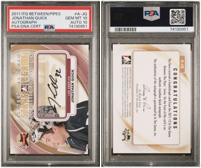 Jonathan Quick 2012 ITG Between the Pipes Autograph PSA 10 A-JQ: Jonathan Quick 2012 ITG Between the Pipes Autograph PSA 10 A-JQ This is a Jonathan Quick 2012 ITG Between the Pipes Autograph card, graded PSA 10 for both the card and the autograph, making it a highl