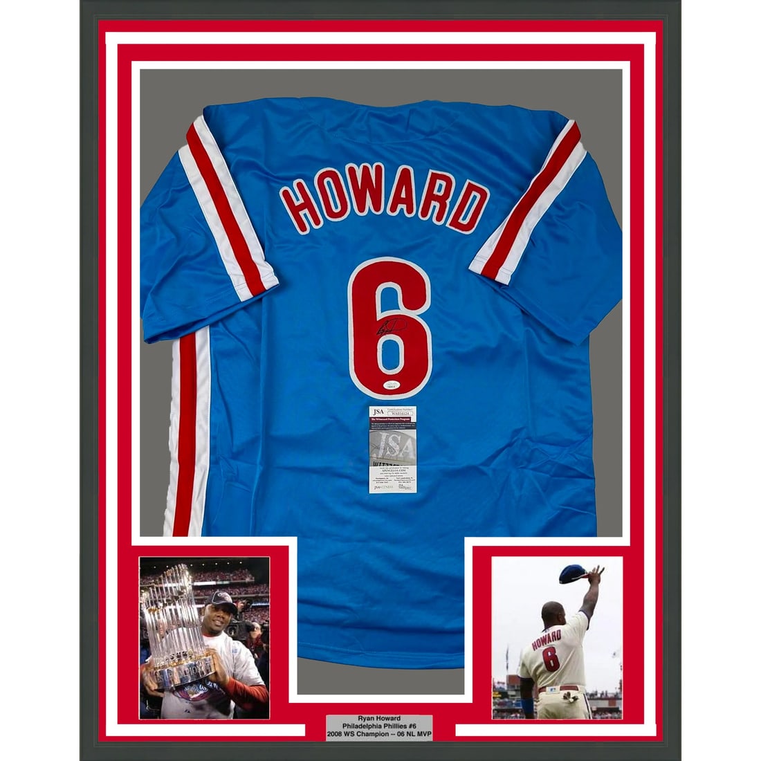 Framed Autographed Ryan Howard Retro Jersey with JSA COA: Framed Autographed Ryan Howard Retro Jersey with JSA COA Celebrate the legacy of Ryan Howard with this professionally framed autographed blue retro jersey. This stunning piece features an authentic si