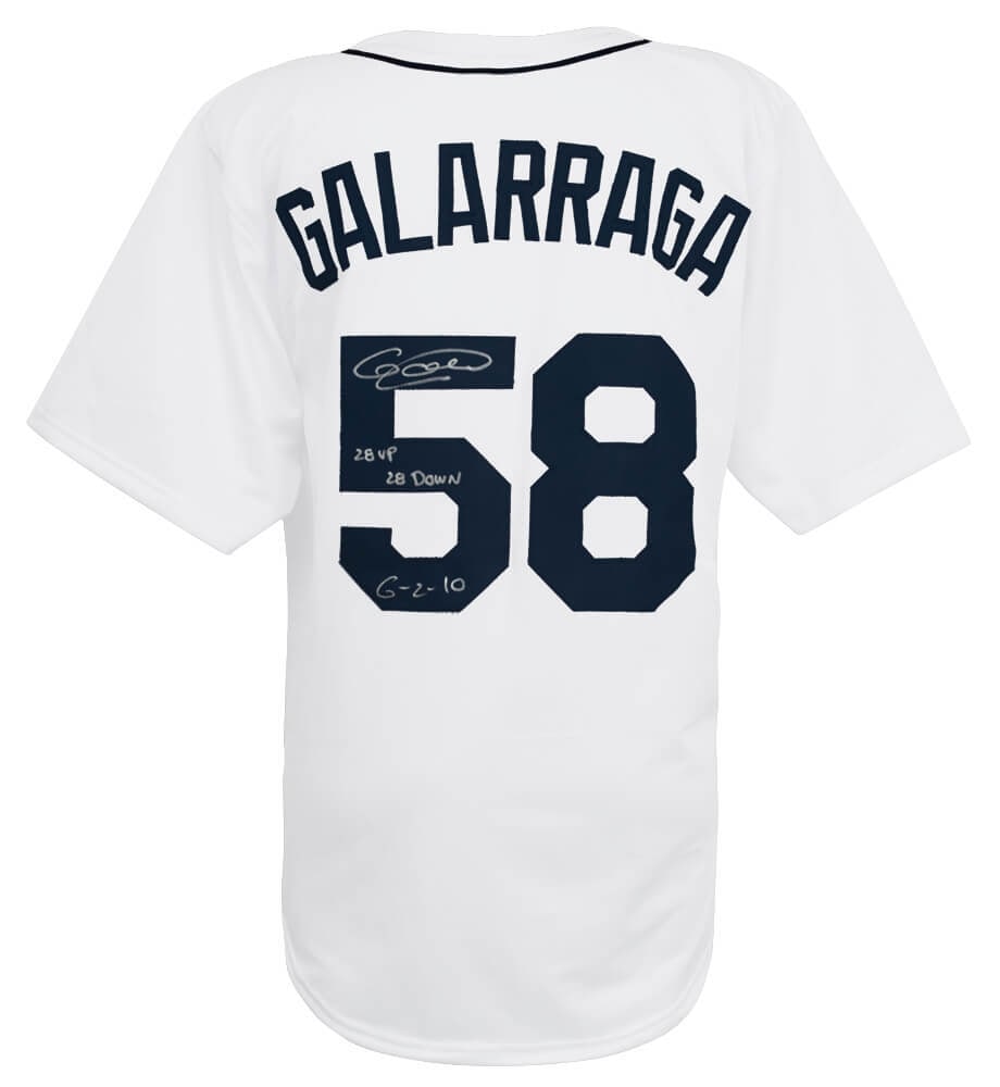 Armando Galarraga Signed Custom Jersey with Inscription 28 Up 28 Down 6-2-10: Armando Galarraga Signed Custom Jersey with Inscription 28 Up 28 Down 6-2-10 This Armando Galarraga signed white custom baseball jersey is a must-have for any fan of the Detroit Tigers. The jersey fea