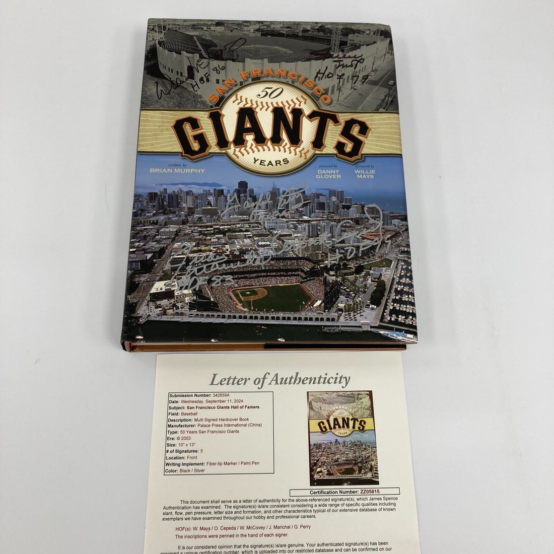 San Francisco Giants Signed Book by Mays McCovey Marichal Cepeda JSA COA: San Francisco Giants Signed Book by Mays McCovey Marichal Cepeda JSA COA This is a remarkable collectible for baseball enthusiasts: a large hardcover book titled "San Francisco Giants: 50 Years" from