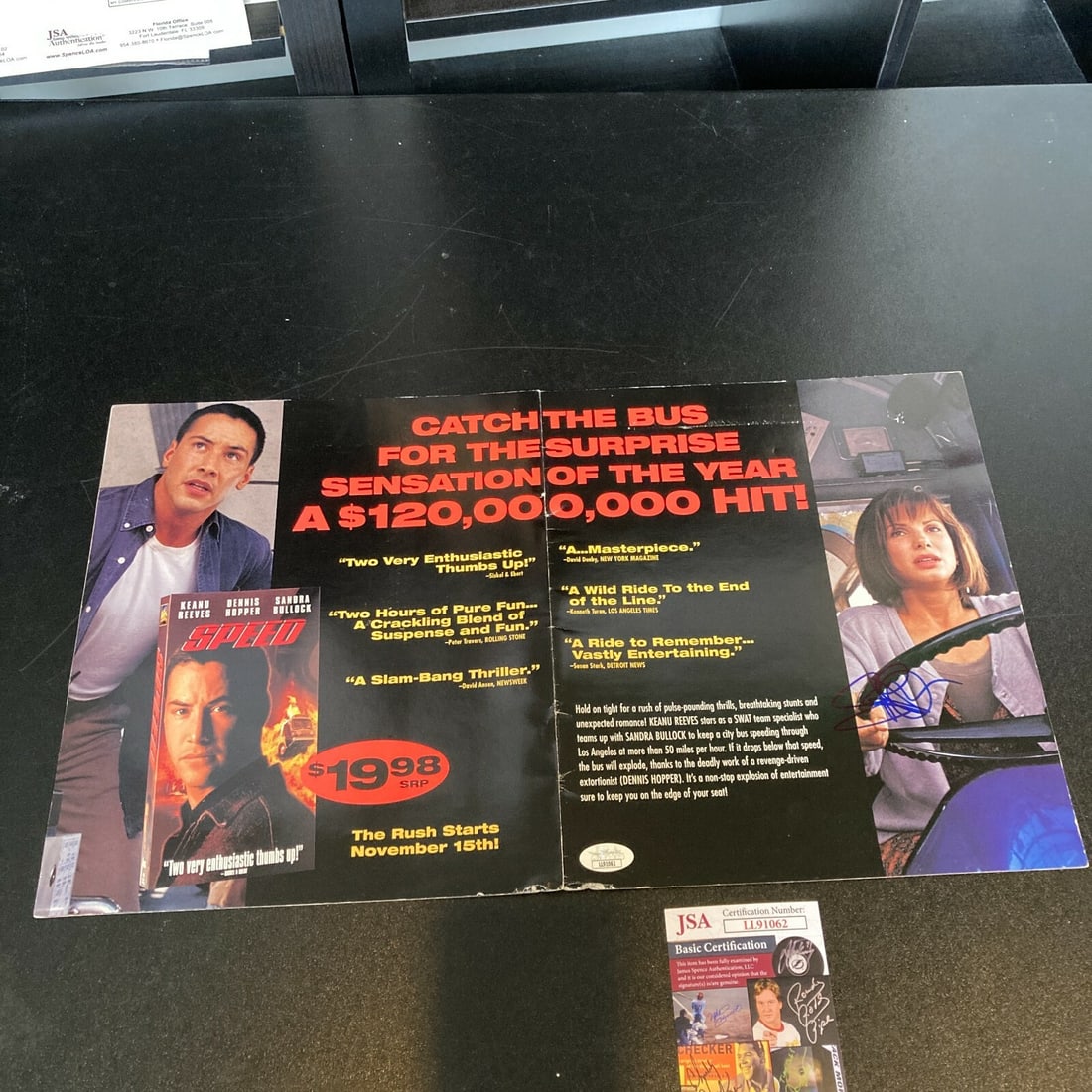 Sandra Bullock Autographed Speed Movie Display Magazine JSA Certified: Sandra Bullock Autographed Speed Movie Display Magazine JSA Certified This original advertising display magazine features a signature from Sandra Bullock, known for her iconic role in the movie "Speed