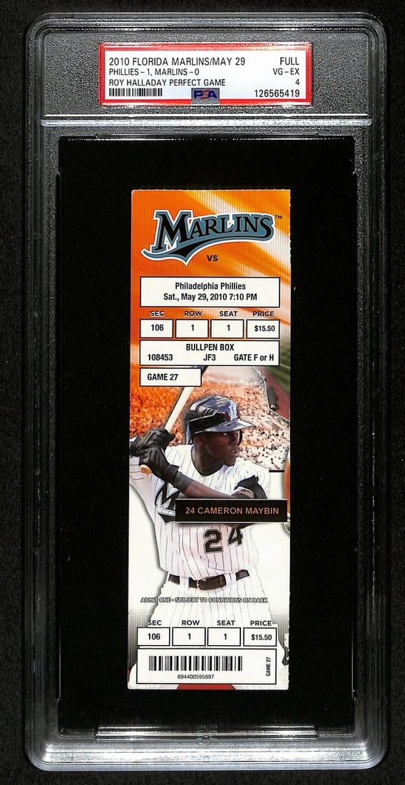 2010 Marlins vs Phillies Full Ticket Roy Halladay Perfect Game PSA VG-EX 4: 2010 Marlins vs Phillies Full Ticket Roy Halladay Perfect Game PSA VG-EX 4 This listing features an original full ticket from the historic May 29, 2010 baseball game between the Florida Marlins and th