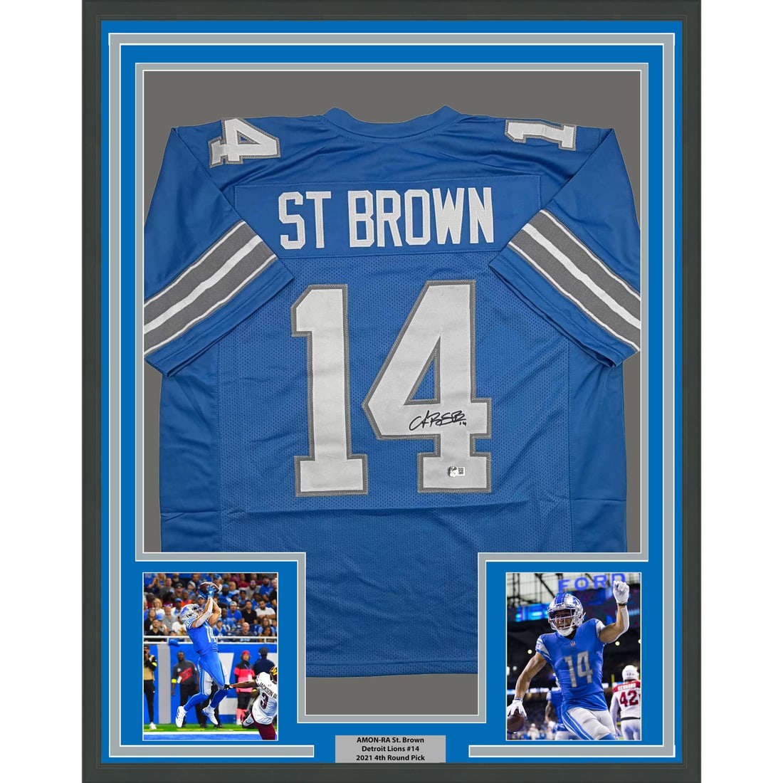 Detroit Lions Amon-Ra St Brown Signed Blue Jersey 35x39 Framed Beckett Authenticated: Detroit Lions Amon-Ra St Brown Signed Blue Jersey 35x39 Framed Beckett Authenticated This professionally framed Detroit Lions blue jersey features the authentic autograph of NFL player Amon-Ra St. Bro