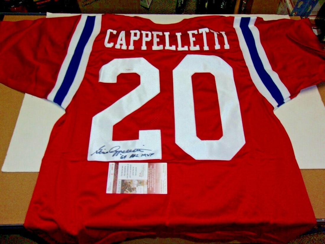 Gino Cappelletti New England Patriots Signed Jersey JSA Authenticated: Gino Cappelletti New England Patriots Signed Jersey JSA Authenticated This officially licensed New England Patriots jersey is signed by legendary player Gino Cappelletti. The jersey has been authentic