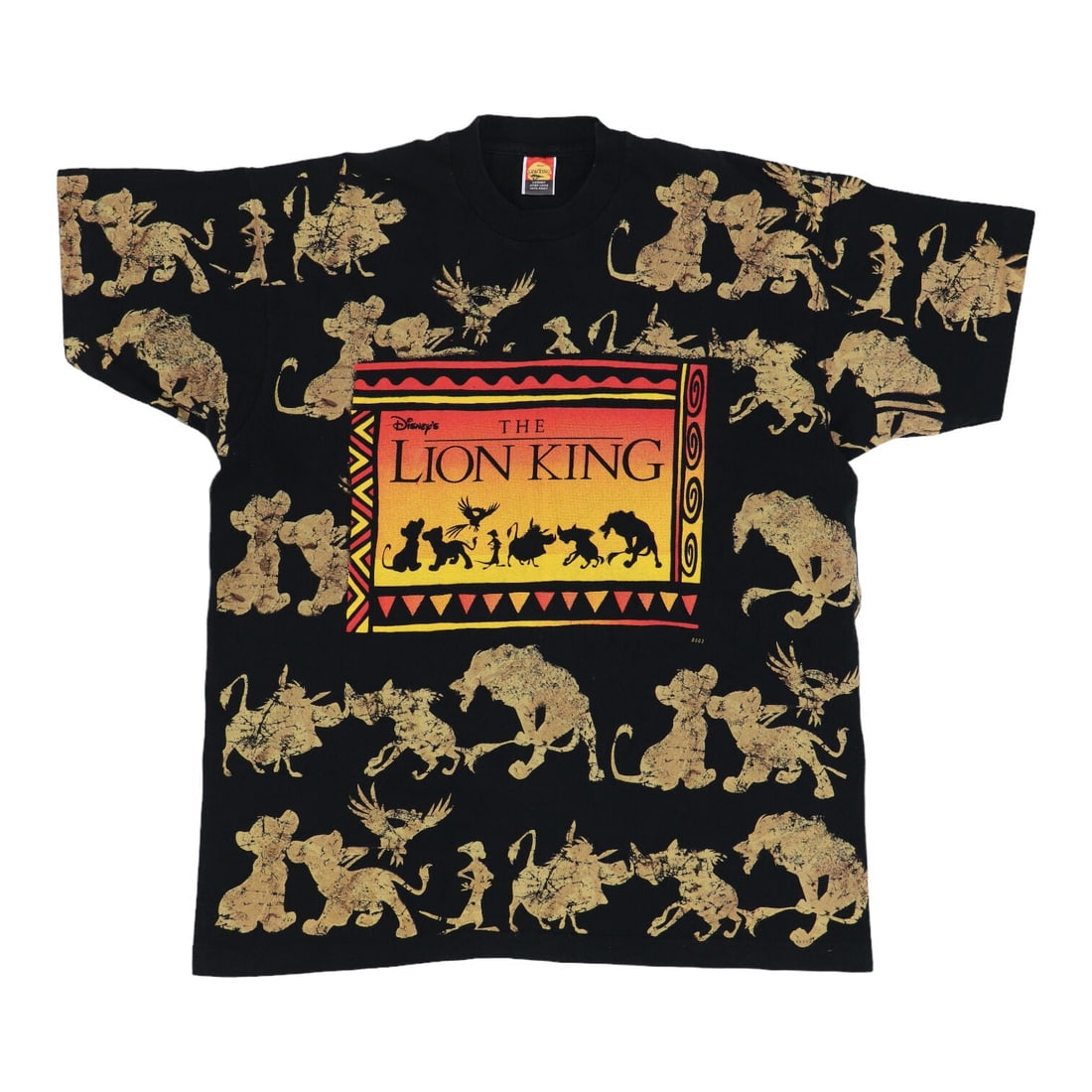 Vintage 1990s The Lion King All Over Print Black Cotton T-Shirt: Vintage 1990s The Lion King All Over Print Black Cotton T-Shirt This is an original vintage 1990s Disney's The Lion King all-over print shirt. The shirt features graphics only on the front, with no ba