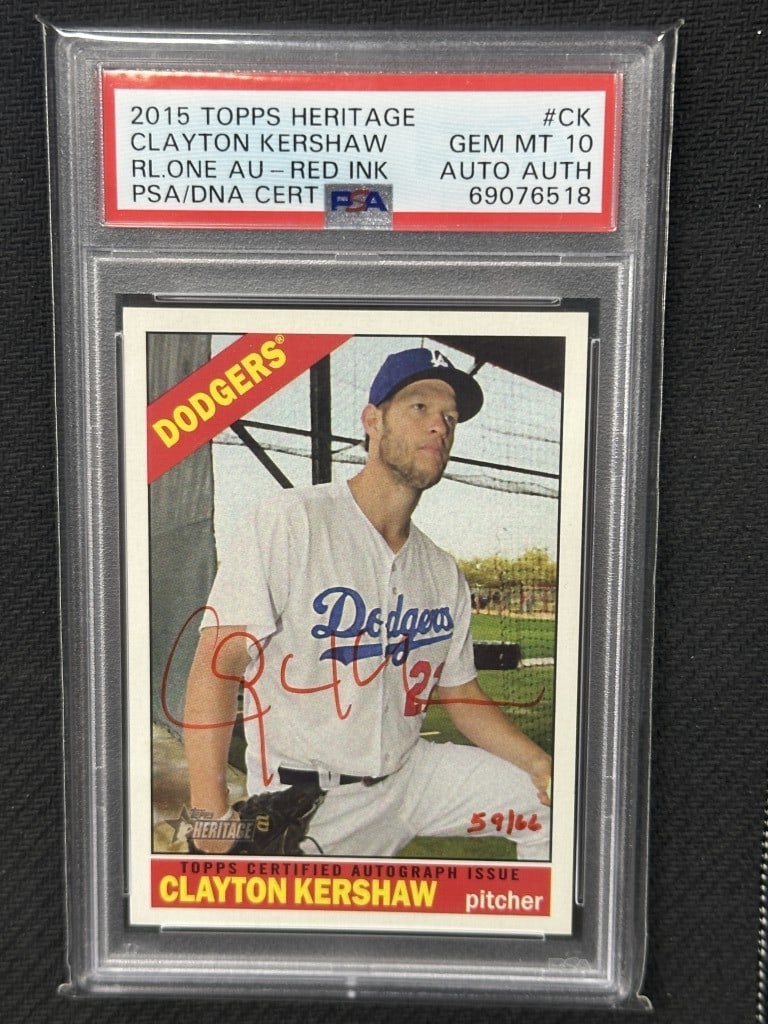 Clayton Kershaw 2015 Topps Heritage Red Ink Auto PSA 10 Dodgers #CK: Clayton Kershaw 2015 Topps Heritage Red Ink Auto PSA 10 Dodgers #CK This 2015 Topps Heritage Clayton Kershaw baseball card features a striking red ink autograph and is graded PSA 10, signifying its ex