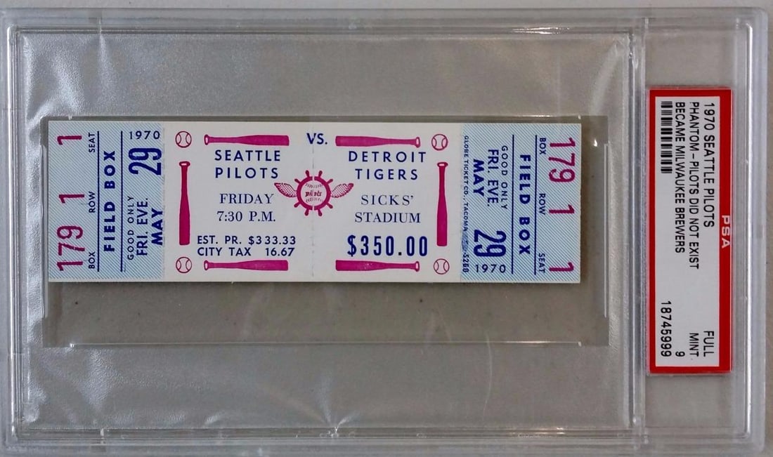 Seattle Pilots vs Detroit Tigers 1970 Unused Game Ticket PSA 9: Seattle Pilots vs Detroit Tigers 1970 Unused Game Ticket PSA 9 This is a full, unused game ticket from the Seattle Pilots vs. Detroit Tigers baseball game held on May 29, 1970. The ticket is an origin