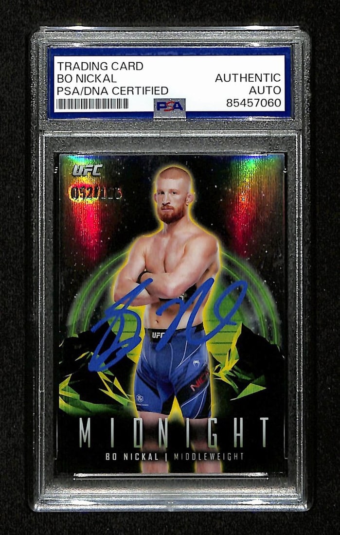 Bo Nickal Autographed 2024 UFC Topps Midnight Card #68 52/125 PSA/DNA: Bo Nickal Autographed 2024 UFC Topps Midnight Card #68 52/125 PSA/DNA This listing features a Bo Nickal Signed 2024 UFC Topps Midnight Card #68, numbered 52/125. The card showcases a pristine