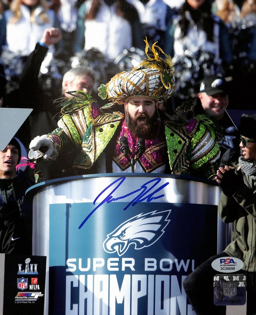 Jason Kelce Autographed 8x10 Photo Philadelphia Eagles PSA Certified: Jason Kelce Autographed 8x10 Photo Philadelphia Eagles PSA Certified This is a Jason Kelce signed 8x10 photo featuring the Philadelphia Eagles, perfect for any fan or collector. The autograph has been