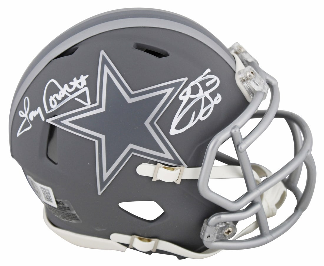 Emmitt Smith Tony Dorsett Signed Mini Helmet Dallas Cowboys BAS Witnessed: Emmitt Smith Tony Dorsett Signed Mini Helmet Dallas Cowboys BAS Witnessed This autographed Alternate Slate Speed Mini Helmet is a remarkable collectible featuring the signatures of two legendary Dalla